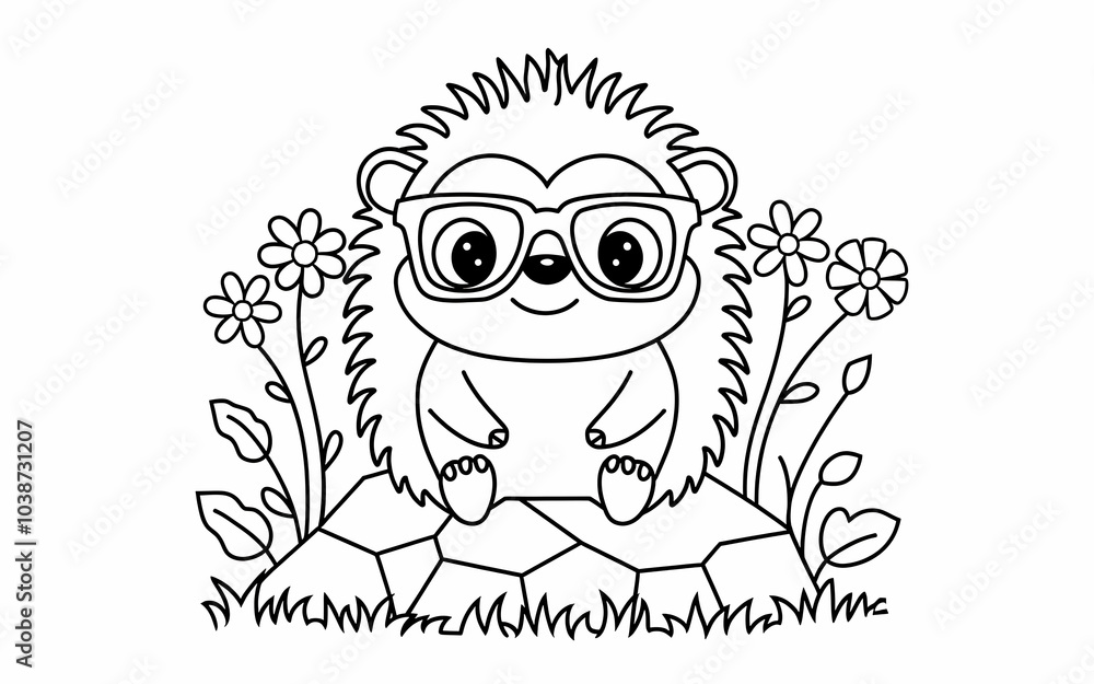 Obraz premium White and black color design Animals coloring page design illustration white background design with sunglass ,tree, sitting animal