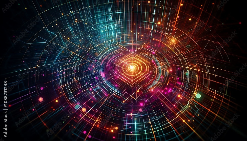 Obraz premium Abstract futuristic grid pattern in glowing neon colors dark background,generative ai
