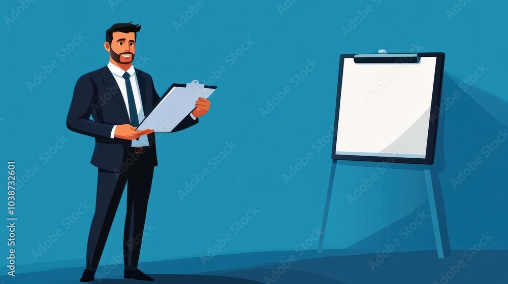 Male business coach speaker in suit give flipchart presentation Male business coach speaker in suit give flipchart presentation