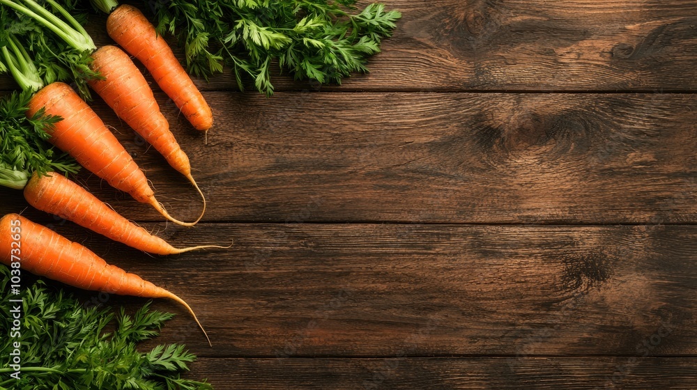 Fresh carrots with greens on rustic wooden background. Fresh carrots with greens on rustic wooden background.