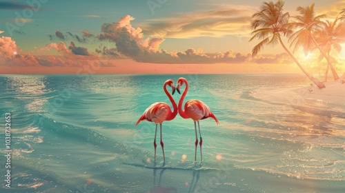 Fototapeta Naklejka Na Ścianę i Meble -  Tropical Valentine's Day Card Design with Flamingos and Sunset Paradise