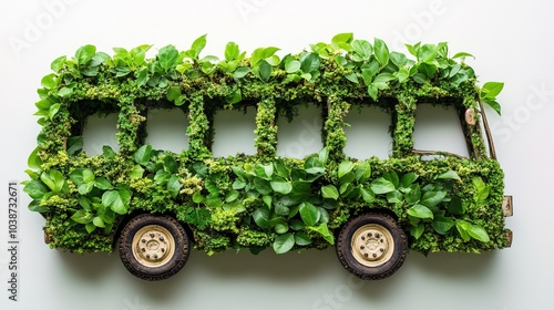 Ecofriendly bus silhouette formed by lush green leaves 