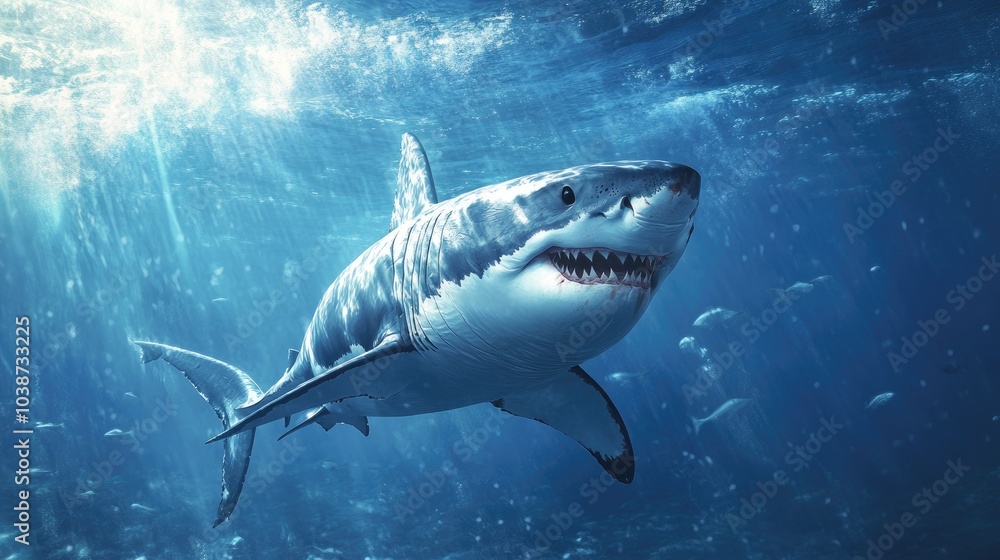 Fototapeta premium Great white shark swimming gracefully in clear blue ocean water.