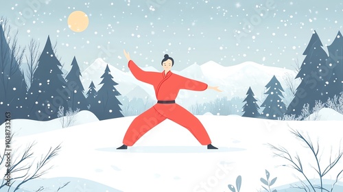 Person in red outfit practicing in snowy landscape under a bright sun.