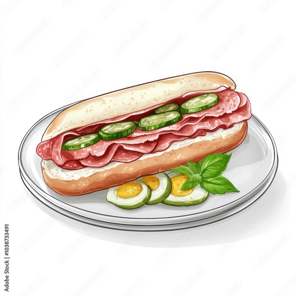 A sandwich with layers of meat, cucumbers, and garnished with pickles on a plate. A sandwich with layers of meat, cucumbers, and garnished with pickles on a plate.