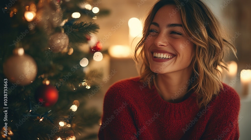 Happy woman with festive lights and Christmas tree Happy woman with festive lights and Christmas tree