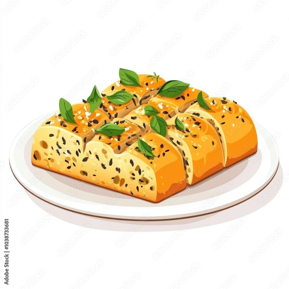 A sliced loaf of bread topped with herbs and seeds, served on a plate. A sliced loaf of bread topped with herbs and seeds, served on a plate.