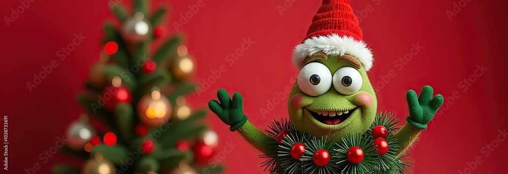 funny character, Christmas tree with eyes and hands, garland , on red christmas background funny character, Christmas tree with eyes and hands, garland , on red christmas background