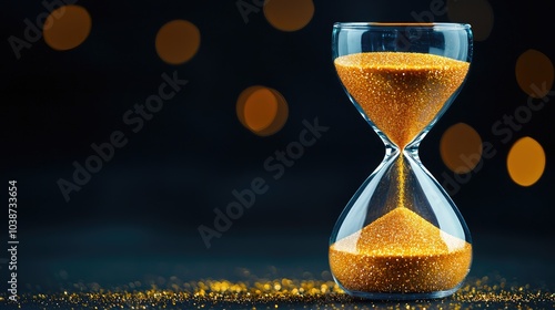 Hourglass with golden sand on dark background, time management and patience concept. photo