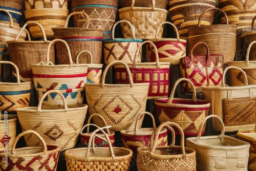 A colorful display of handwoven baskets showcasing traditional craftsmanship and cultural heritage in artisanal design