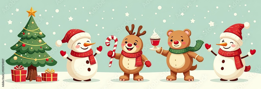 Xmas items set. Christmas tree, Santa with gifts, elves. Festive wreath, candy canes, gingerbreads. New year decorations. Winter holiday decor. Flat isolated vector illustration on white background Xmas items set. Christmas tree, Santa with gifts, elves. Festive wreath, candy canes, gingerbreads. New year decorations. Winter holiday decor. Flat isolated vector illustration on white background