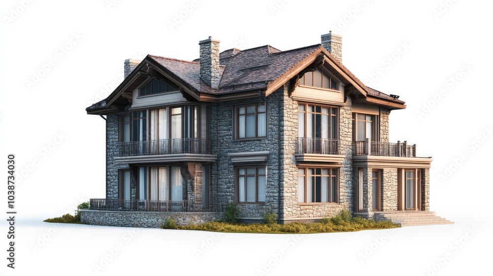 Modern stone house with large windows, elegant design, and spacious balconies. Modern stone house with large windows, elegant design, and spacious balconies.
