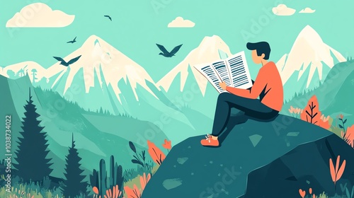 Person reading newspaper on rock with mountains and trees in background.