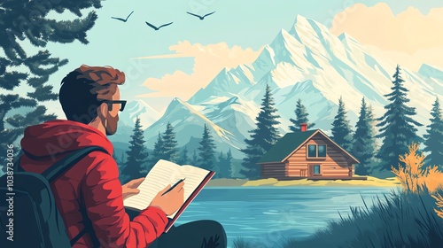 Person reading in nature by a serene lake with mountains and cabin scenery. photo