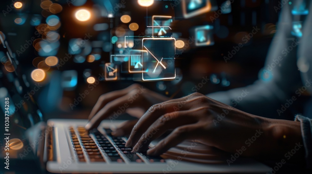 Hands Typing on Laptop with Futuristic Icons Hands Typing on Laptop with Futuristic Icons