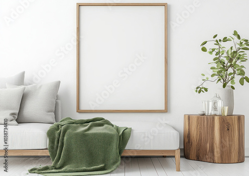 cozy living room scene featuring minimalist sofa adorned with soft gray cushions and green throw blanket. wooden side table holds glass vase with fresh greenery, enhancing serene atmosphere