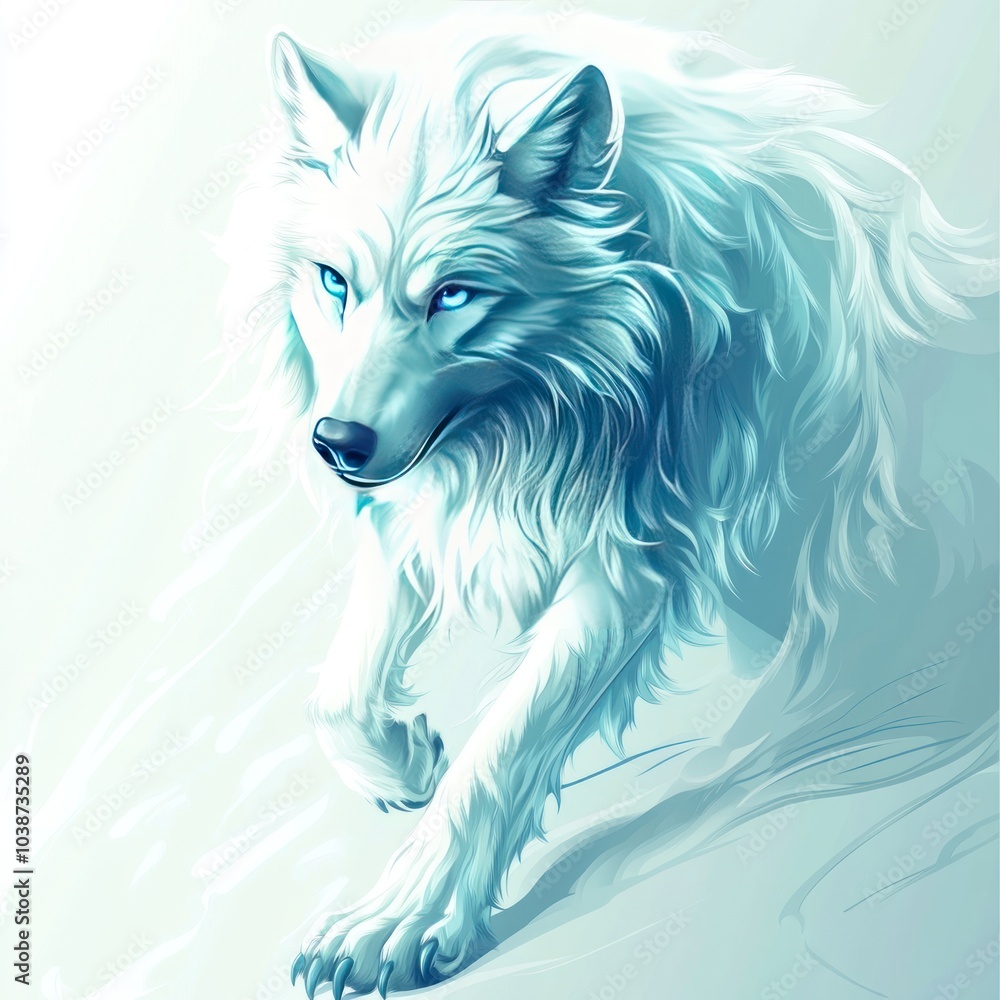 Naklejka premium A majestic, ethereal white wolf with striking blue eyes, depicted in a dynamic pose.