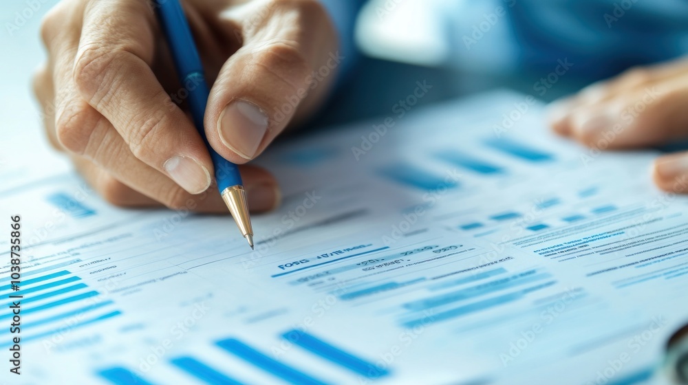 Close up of a person's hand holding a pen and analyzing a financial report Close up of a person's hand holding a pen and analyzing a financial report