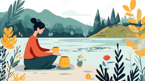 Wallpaper Mural Woman sitting by the lake, holding pottery, serene nature scene with plants. Torontodigital.ca