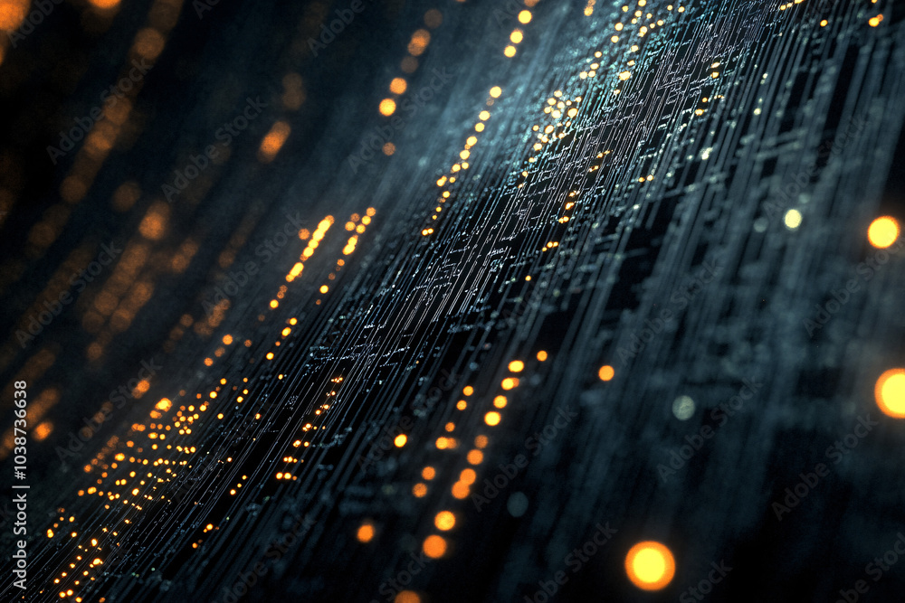 Dark abstract image with golden light particles on flowing lines creating a sense of digital movement and depth
Dark abstract image with golden light particles on flowing lines creating a sense of digital movement and depth
