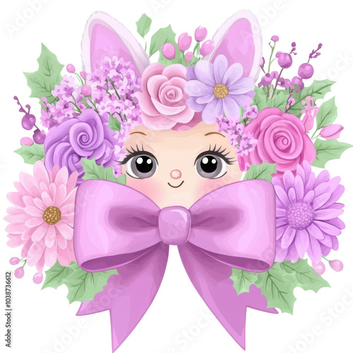 Cute illustration of a cat with flowers and a bow, perfect for children's designs and whimsical themes.