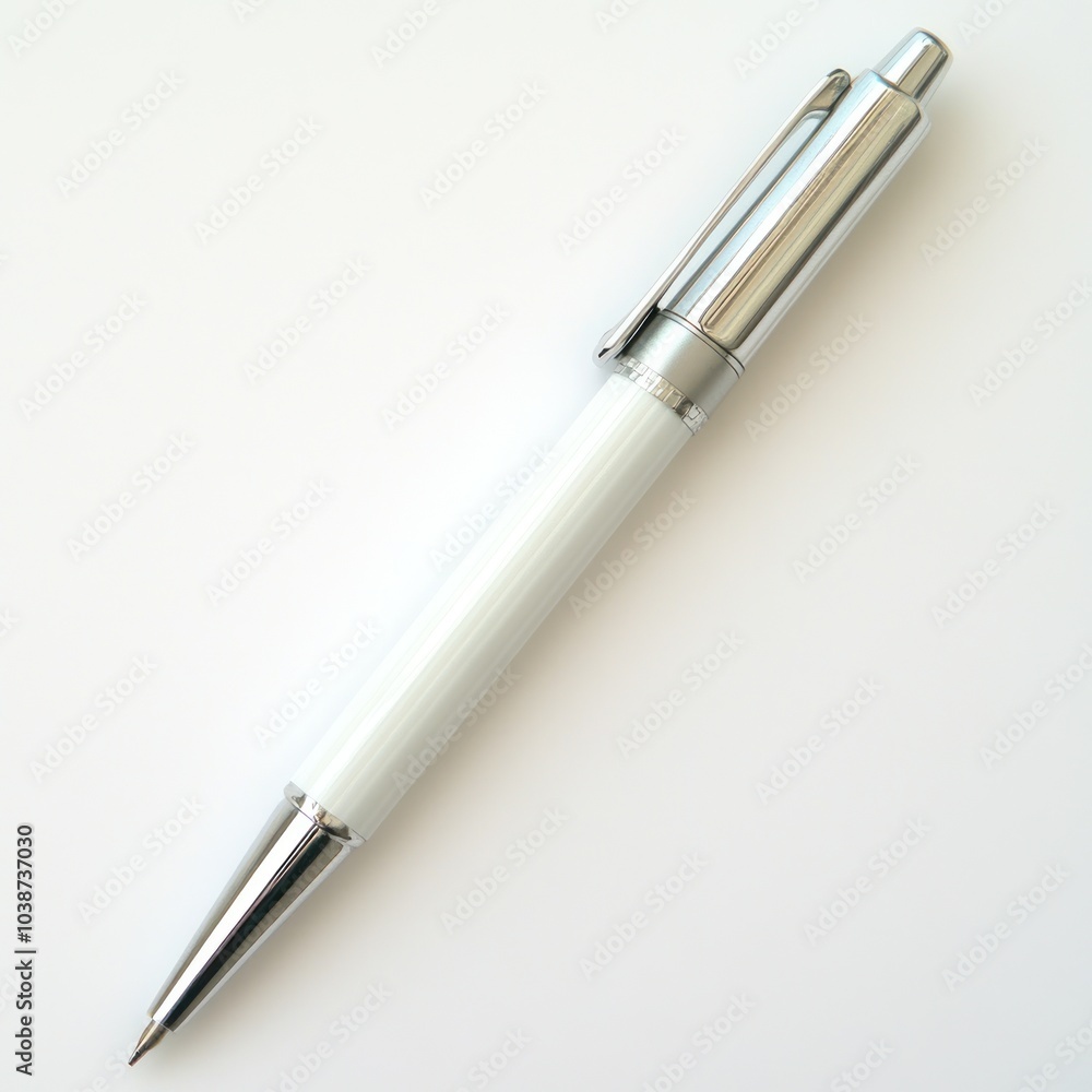 A sleek white pen with a silver clip, designed for writing and note-taking. A sleek white pen with a silver clip, designed for writing and note-taking.