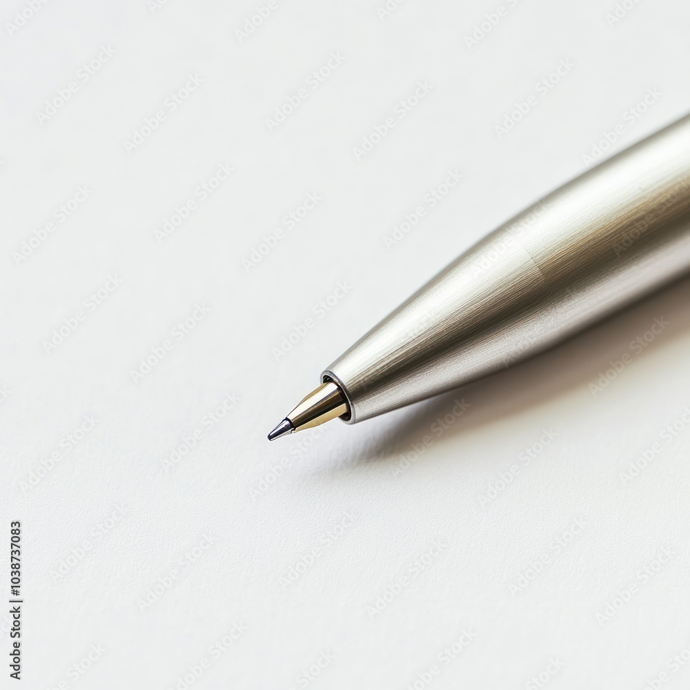 A close-up of a metallic pen tip resting on a blank sheet of paper. A close-up of a metallic pen tip resting on a blank sheet of paper.