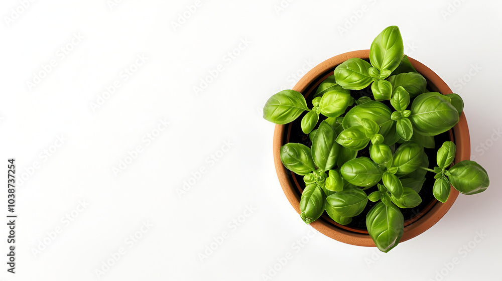 Pot with fresh green basil on gray stone concrete background ,Fresh basil herb growing in a pot Pot with fresh green basil on gray stone concrete background ,Fresh basil herb growing in a pot