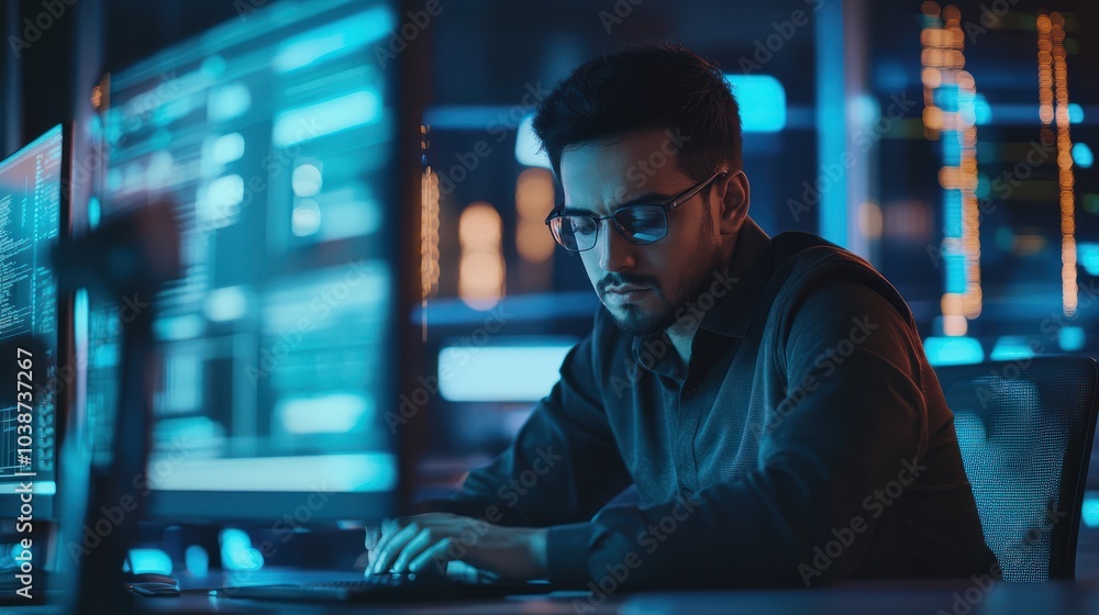 This portrait depicts a handsome Indian engineer working on a desktop computer in a technological office environment, writing software code for an innovative internet project for a research and This portrait depicts a handsome Indian engineer working on a desktop computer in a technological office environment, writing software code for an innovative internet project for a research and