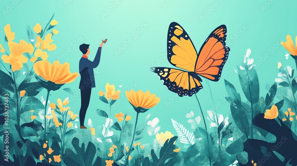 Fototapeta premium A person observing a butterfly amidst vibrant flowers in a serene environment.