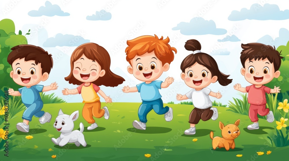 Happy Children Playing Outdoors with Dogs in a Green Meadow Happy Children Playing Outdoors with Dogs in a Green Meadow
