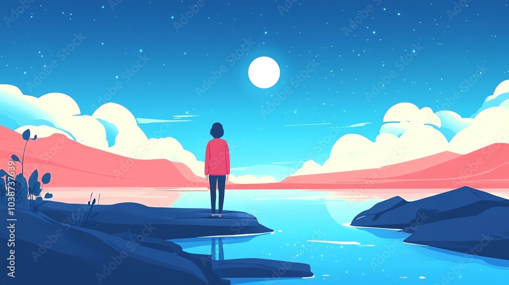 A person standing by a serene lake under a starry sky and bright moonlight. A person standing by a serene lake under a starry sky and bright moonlight.