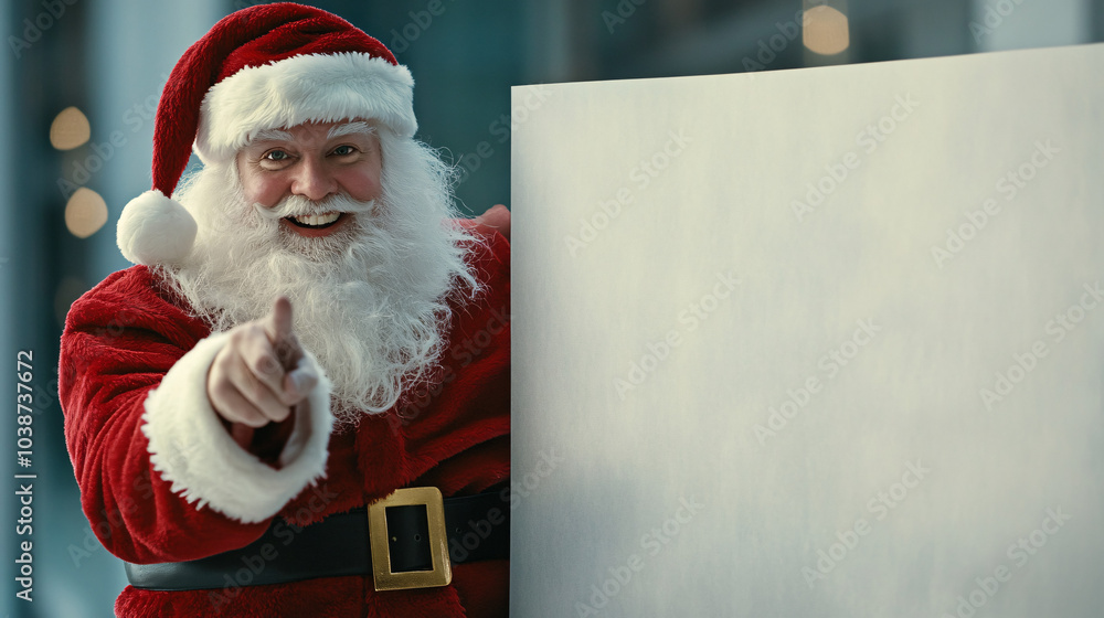 Naklejka premium smiling santa claus pointing at blank sign christmas holiday festive season red white