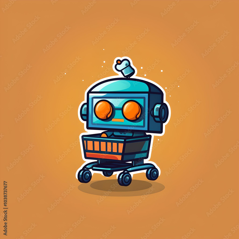 A cute, blue robot efficiently pushing a shopping cart, possibly representing the future of automated retail and delivery services. A cute, blue robot efficiently pushing a shopping cart, possibly representing the future of automated retail and delivery services.