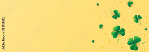 saint Patrick day banner template with three leaf clover shamrock with gold coins and stars in yellow and gold background for backgrounds, flyers, posters, events, promotions