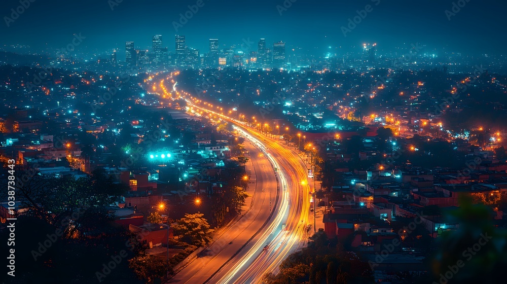 Fototapeta premium Night Cityscape with Highway and Lights