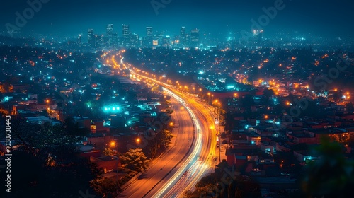 Night Cityscape with Highway and Lights