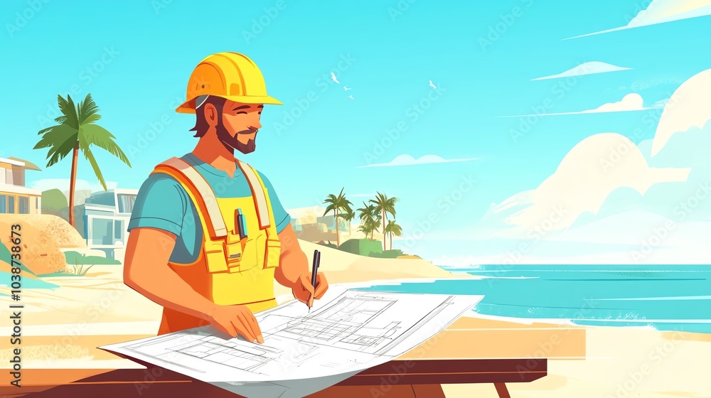 Construction worker analyzing blueprints on a beach. Construction worker analyzing blueprints on a beach.