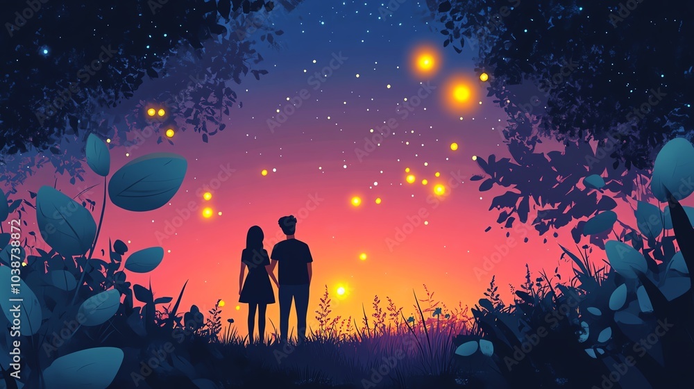 Couple watching stars amidst vibrant twilight glow, surrounded by nature. Couple watching stars amidst vibrant twilight glow, surrounded by nature.
