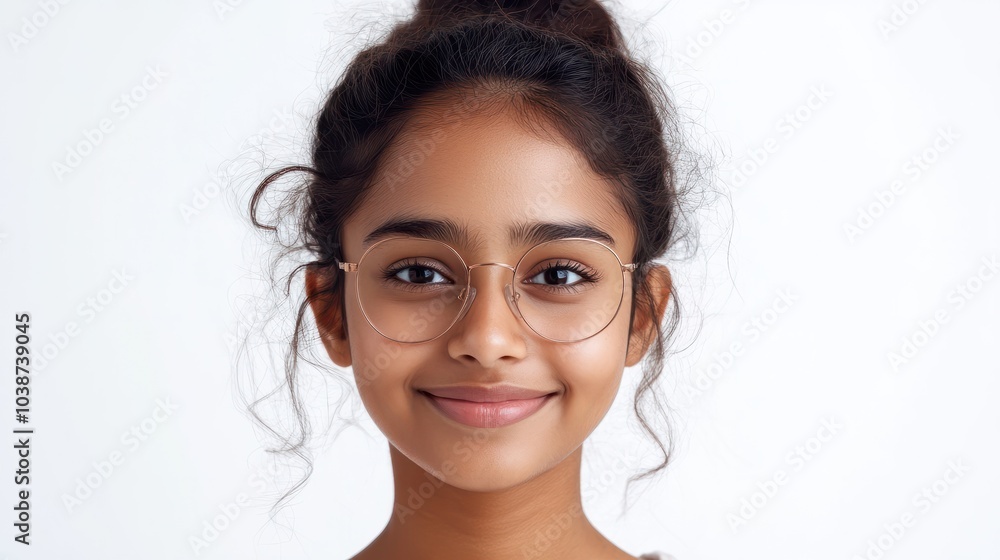 Young indian woman wearing eyeglasses smiling on white background Young indian woman wearing eyeglasses smiling on white background