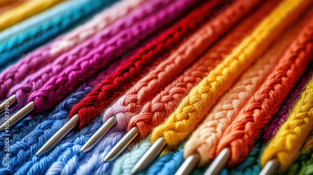 A colorful array of knitting needles and yarn in various shades, showcasing crafting supplies. A colorful array of knitting needles and yarn in various shades, showcasing crafting supplies.