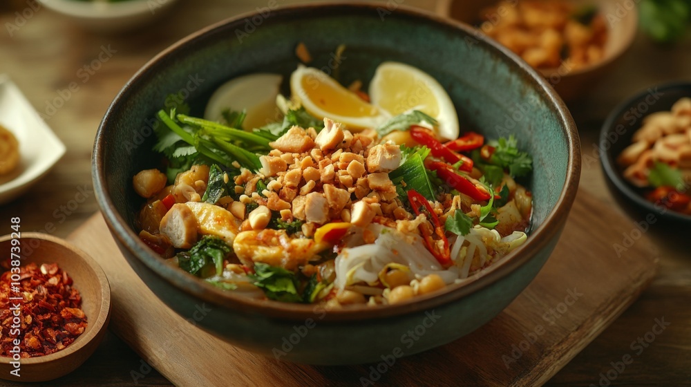 Fresh and Vibrant Asian Noodle Bowl with Garnishes Fresh and Vibrant Asian Noodle Bowl with Garnishes