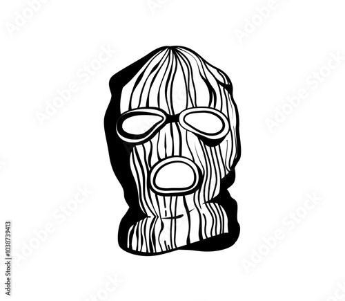 Isolated black and white illustration of a balaclava with bold lines and a rough texture, representing a symbol of street life and criminal culture. Street art, flash tattoo style. Vector illustration