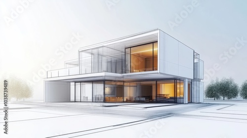 3D architectural design of a modern house showcasing innovative building concepts and construction plans with a bright background.