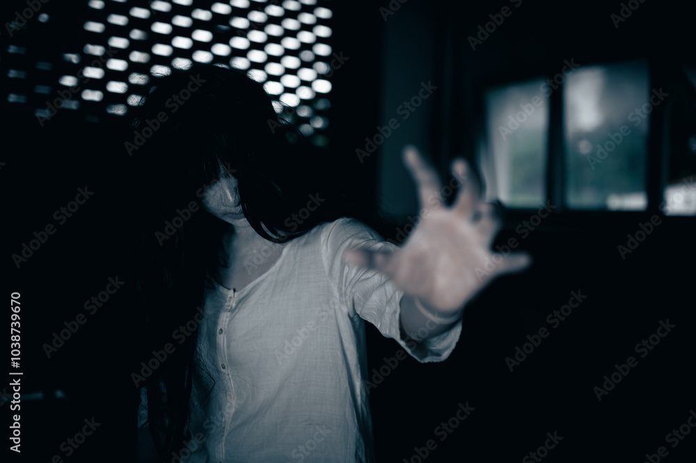 Portrait of asian woman make up ghost,Scary horror scene for background,Halloween festival concept,Ghost movies poster,angry spirit in the apartment Portrait of asian woman make up ghost,Scary horror scene for background,Halloween festival concept,Ghost movies poster,angry spirit in the apartment