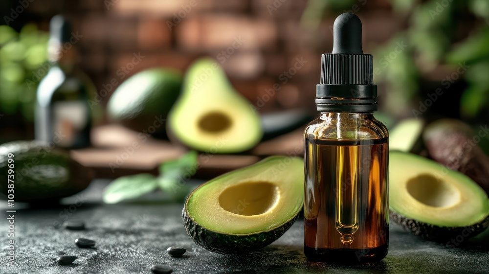 A bottle of avocado oil surrounded by fresh avocados and seeds, highlighting natural beauty. A bottle of avocado oil surrounded by fresh avocados and seeds, highlighting natural beauty.