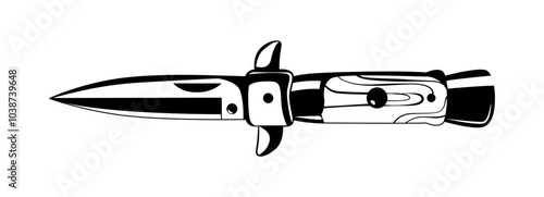  Isolated black and white illustration of a switchblade knife with a sleek. The knife symbolizes danger, rebellion, commonly associated, street culture, tattoo art. Vector stiletto illustration
