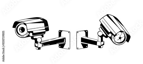 A pair of surveillance cameras, one damaged, representing themes of anti-surveillance, crime, and street culture. Monochrome design reflects the concepts of criminal activity and rebellion. Vector