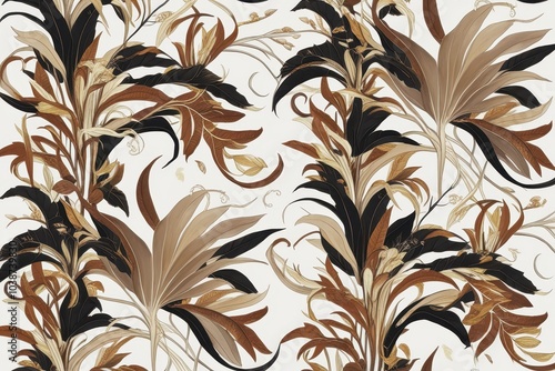 A luxury Japanese style seamless tile with exotic leaves pattern in light and dark brown. Continuous summer hawaiian fabrics background. Graphic foliage ornament pattern. Backdrop, fabric painting.