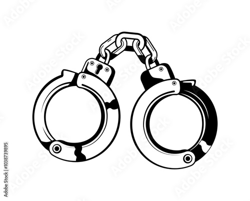  Isolated black and white illustration of handcuffs, symbolizing crime, police, and criminal justice. The bold design reflects tattoo culture and street art style. Vector illustration

